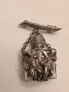 Vintage Silver Tone Cherub Perfume Bottle Brooch